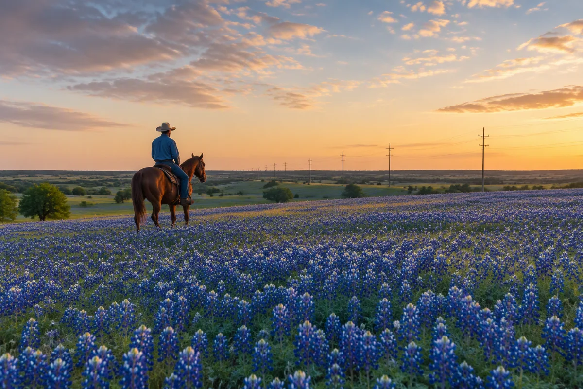 Texas bluebonnets on a hill with power lines under a blue sky